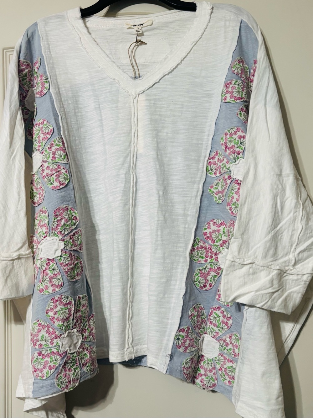White Boho Floral Panel Tunic with Pink & Green Accents